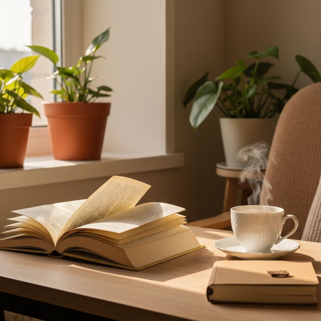 Book and tea in calm workspace representing our principles